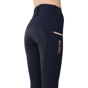 Montar REBEL Rosegold Logo & Pipe Full Grip Mid Rise Breeches, Navy